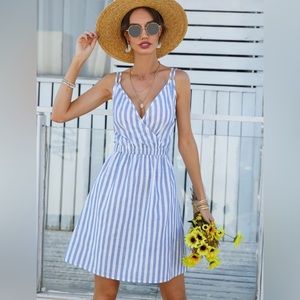 Blue and white linen striped dress